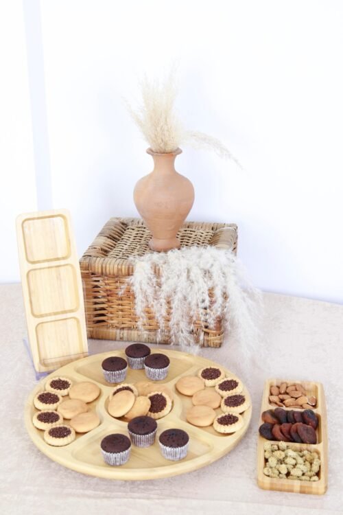 Bambu Dönen ve 3 Bölmeli Servis Tabağı Set